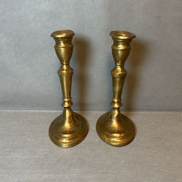 Antique Pair of Brass Candlestick Holders Primitive Metal Work Mantel Decor - Picture 2 of 8